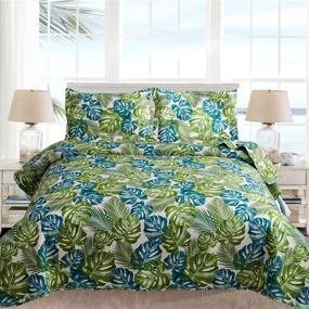 img 3 attached to 🌴 3-Piece Reversible Twin Quilt Set, Tropical India Blue Green Palm Leaves Coverlet - Beach Themed Jungle Plants Bedspread Bedding, Lightweight & Great for Bedroom Home Decor (Multi, Twin)