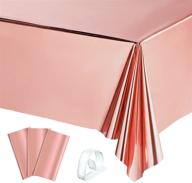 🌹 rose gold foil party table covers: shiny waterproof rectangular tablecloth set for wedding, engagement, anniversary - includes 3 pieces, 12 clips logo