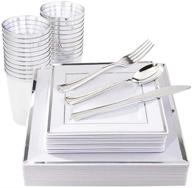 150 piece silver square plates, disposable silverware, and plastic cups - silver plastic dinnerware set with 25 dinner plates, 25 dessert plates, 25 forks, 25 knives, 25 spoons, and 25 tumblers logo