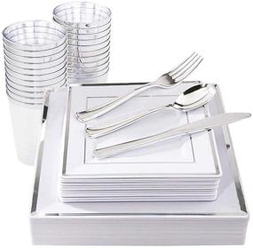 img 4 attached to 150 Piece Silver Square Plates, Disposable Silverware, and Plastic Cups - Silver Plastic Dinnerware Set with 25 Dinner Plates, 25 Dessert Plates, 25 Forks, 25 Knives, 25 Spoons, and 25 Tumblers