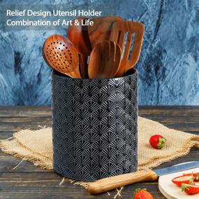 img 1 attached to 🍴 Large Ceramic Utensil Crock Countertop Holder for Kitchen, Black - Kitchen Utensil Organizer for Maximum Convenience