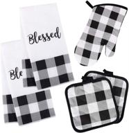 stylish buffalo check (black & white) kitchen towel set: includes 2 quilted pot holders, 2 dish towels, and 1 oven mitt логотип