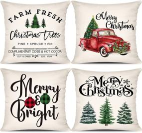 img 4 attached to 🎄 LAVEVE Christmas Pillow Covers 18x18 Set of 4: Farmhouse Christmas Decor with Buffalo Plaid Design, Red Truck & Check Patterns for Winter/Holiday Décor