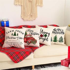 img 1 attached to 🎄 LAVEVE Christmas Pillow Covers 18x18 Set of 4: Farmhouse Christmas Decor with Buffalo Plaid Design, Red Truck & Check Patterns for Winter/Holiday Décor