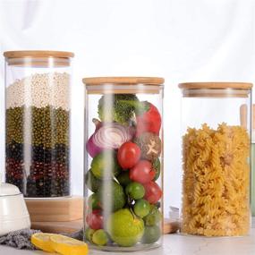 img 2 attached to 🍃 Set of 3x1300ml Leaf House High Borosilicate Glass Cylinder Airtight Food Storage Container Canister Jars with Bamboo Lid & Silicone Sealing Ring