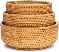 🧺 set of 3 handwoven round wicker baskets for fruit, vegetable, and bread storage - stackable rattan decor basket for kitchen countertop or bathroom organization (honey brown) логотип