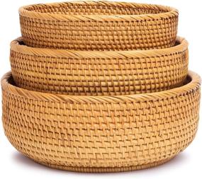 img 4 attached to 🧺 Set of 3 Handwoven Round Wicker Baskets for Fruit, Vegetable, and Bread Storage - Stackable Rattan Decor Basket for Kitchen Countertop or Bathroom Organization (Honey Brown)