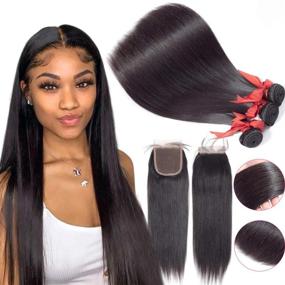 img 4 attached to Brazilian Virgin Straight Human Hair Bundles with Lace Closure – Ideal for Black Women (20 22 24+18 Free Part Closure)