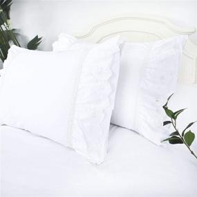 img 4 attached to Charming Eyelet Pillow Shams: Ruffled Standard White Shabby Chic Lace Farmhouse Pillowcases (Set of 2) - Elegant Cotton Country French Cottage Embroidered Floral Victorian Crochet Trim 20x26