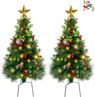 🎄 2pack small pre-lit 33inch outdoor artificial christmas trees with lights - ideal for grave, xmas entrance, porch decorations - pathway christmas trees with ornaments логотип