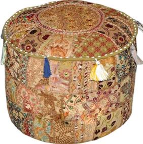 img 2 attached to 🌼 GANESHAM Indian Hippie Vintage Cotton Floor Pillow & Cushion Patchwork Bean Bag Chair Cover: Handmade Bohemian Hand Embroidered Pouf Ottoman in Beige, 13" H x 22" Diam.