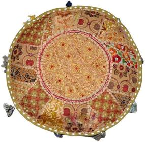 img 1 attached to 🌼 GANESHAM Indian Hippie Vintage Cotton Floor Pillow & Cushion Patchwork Bean Bag Chair Cover: Handmade Bohemian Hand Embroidered Pouf Ottoman in Beige, 13" H x 22" Diam.