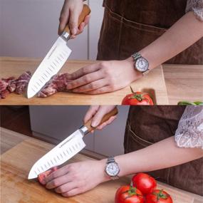 img 1 attached to Santoku Knife - 7-Inch Stainless Steel Blade with Genuine Wood Handle - Ideal Cutlery for Home Kitchen and Restaurant Use