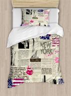 🗽 ambesonne united states duvet cover set: vintage new york newspaper design, twin size bedding set with pillow sham - sketchy liberty, lipstick texts & retro charm in beige logo