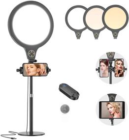 img 4 attached to 💡 Профессиональное настольное кольцевое освещение 10" с подставкой и беспроводным пультом - идеально для макияжа, селфи, видео и прямых трансляций - в комплекте крепление для телефона/планшета - совместимо с iOS/Android.