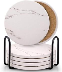 img 4 attached to 🏞️ White Absorbent Ceramic Stone Coasters Set with Metal Holder Stand and Cork Base - Marble Surface Pattern, Cups Place Mats for Home Decor, Set of 6