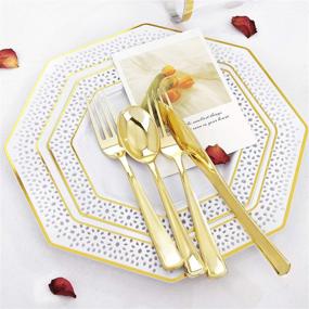 img 1 attached to Dinnerware Rim，White Plates，Gold Silverware， Birthday，Party，Supernal