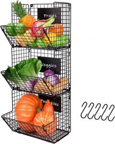 img 4 attached to 🧺 Wall Mounted Metal Wire Basket Organizer with Hooks, 3 Tier Storage Rack for Kitchen, Bathroom, and Fruit Produce - Rustic Black