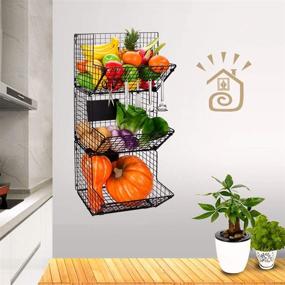 img 2 attached to 🧺 Wall Mounted Metal Wire Basket Organizer with Hooks, 3 Tier Storage Rack for Kitchen, Bathroom, and Fruit Produce - Rustic Black