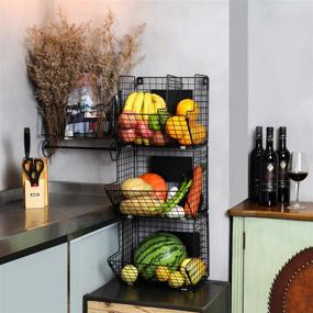 img 3 attached to 🧺 Wall Mounted Metal Wire Basket Organizer with Hooks, 3 Tier Storage Rack for Kitchen, Bathroom, and Fruit Produce - Rustic Black