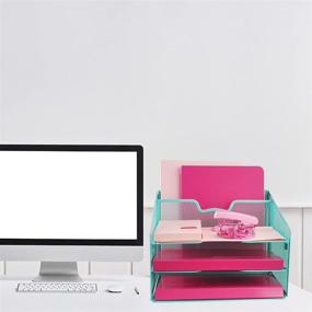 img 3 attached to 🗂️ Meshist Desk Organizer: Metal File Holder Organzier with 3 Letter Tray and 1 Upright Section - Blue, Ideal for Home Office Supplies and Desk Accessories