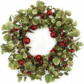 img 4 attached to 🎄 WreathDream 20" Artificial Christmas Wreath with Eucalyptus Leaves, Red Berries, and Bells - Festive Front Door Farmhouse Decoration, Indoor/Outdoor Holiday Home Décor