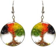 rasta crushed chip stone round acrylic dangle earrings - tree of life design logo