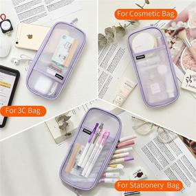 img 2 attached to 🔮 EASTHILL Grid Mesh Pen Pencil Case with Zipper Clear Makeup Color Pouch Cosmetics Bag Multi-Purpose Travel School Teen Girls Transparent Stationery Bag Office Organizer Box for Adults - Purple