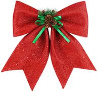 🎄 glittery red christmas decorative bow with pine cones - 14.5 x 13 inches - large sparkly bowknot for wreaths, garlands, treetoppers, and home wall door decor - xmas tree ornament logo