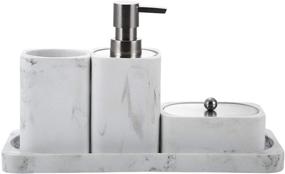 img 4 attached to 🛀 4-Piece Marble White Bathroom Accessory Set: Countertop Dispenser, Toothbrush Holder, Q-Tip Jar, and Vanity Tray