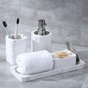 img 3 attached to 🛀 4-Piece Marble White Bathroom Accessory Set: Countertop Dispenser, Toothbrush Holder, Q-Tip Jar, and Vanity Tray