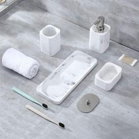 img 2 attached to 🛀 4-Piece Marble White Bathroom Accessory Set: Countertop Dispenser, Toothbrush Holder, Q-Tip Jar, and Vanity Tray