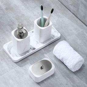 img 1 attached to 🛀 4-Piece Marble White Bathroom Accessory Set: Countertop Dispenser, Toothbrush Holder, Q-Tip Jar, and Vanity Tray