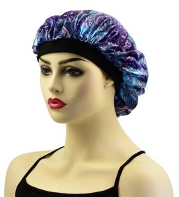 img 2 attached to 🌙 Satin Bonnets Sleep Caps for Curly Hair: 2-Pack Wide Band Satin Bonnet Sleeping Caps for Women, Night Hat Head Cover for Natural Hair