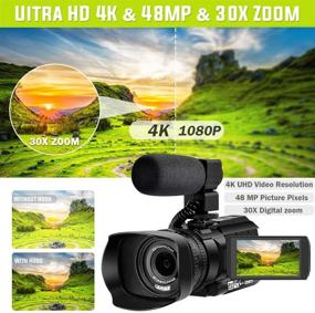 img 3 attached to 📹 Camcorder 4K Video Camera 48MP Vlogging WiFi YouTube with Night Vision, Touch Screen, 30X Digital Zoom, 360° Wireless Remote, Lens Hood & Microphone