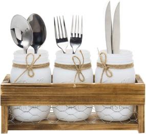 img 1 attached to Rustic Burnt Brown Wood and Chicken Wire Tabletop Dining Utensil Flatware Serving Holder Rack with 3 Vintage White Mason Jars by MyGift