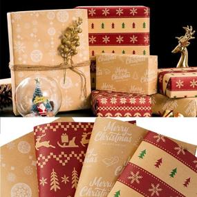 img 4 attached to 🎁 Xmas Gift Wrap Paper - Brown Kraft Christmas Wrapping Paper with Red and Green Christmas Tree, Santa, Snowflake, Deer, Bell - Merry Christmas - 12 FOLDED Sheets - 20×29 Inch