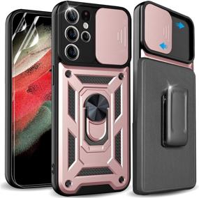 img 4 attached to 📱 Armor Style Rose Gold Rsenr Case for Samsung Galaxy S21 Ultra with Belt Clip Holster, Two TPU Screen Protectors, Slide Camera Cover & Kickstand, Built-in 360° Rotate Ring Stand, Car Mount Supported