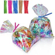 🎉 cherodada 100pcs 5x7 inch iridescent holographic cellophane party favor treat bags with 5 colors twist ties - ideal for celebrations, baby showers, weddings, birthday parties logo