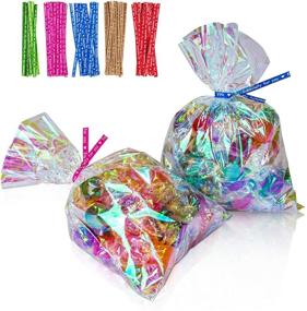 img 4 attached to 🎉 Cherodada 100pcs 5x7 Inch Iridescent Holographic Cellophane Party Favor Treat Bags with 5 Colors Twist Ties - Ideal for Celebrations, Baby Showers, Weddings, Birthday Parties