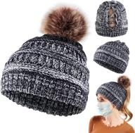 stylish slouchy ponytail knit beanie hat with detachable pom pom and mask buttons - warm winter hat for women логотип