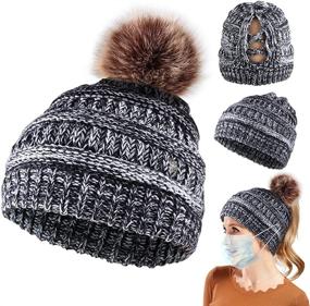 img 4 attached to Stylish Slouchy Ponytail Knit Beanie Hat with Detachable Pom Pom and Mask Buttons - Warm Winter Hat for Women