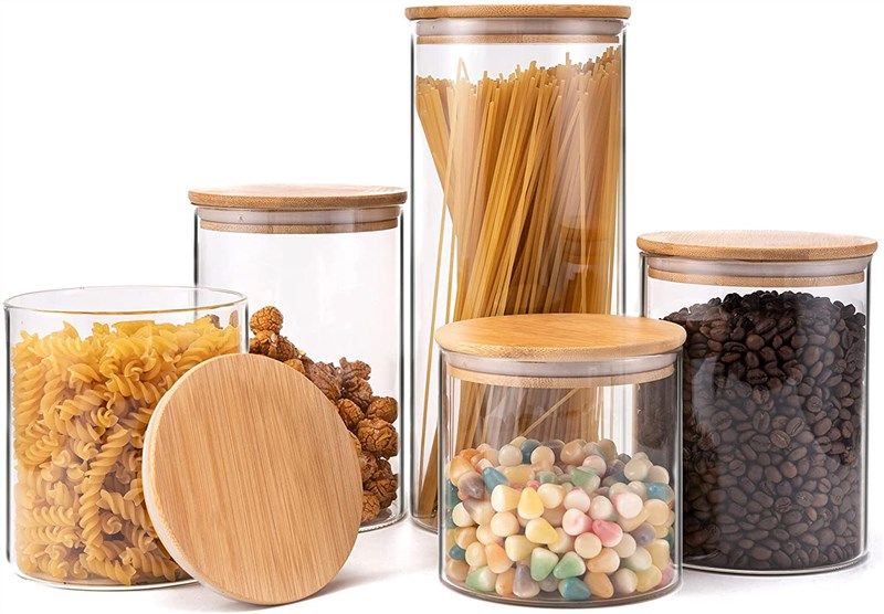 YUNCANG Glass Storage Jars [Set of 5],Clear Glass Food Storage Containers  with Airtight Bamboo Lid Stackable Kitchen Canisters for