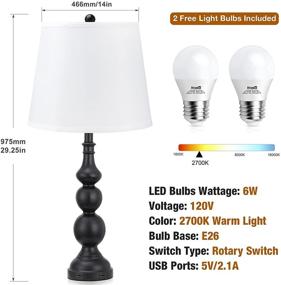 img 3 attached to 💡 Set of 2 USB Table Lamps - Industrial Farmhouse Style with USB Charging Ports, Fabric Lampshades, and Rotary Switch - Perfect for Living Room and Bedroom - Includes Bulbs