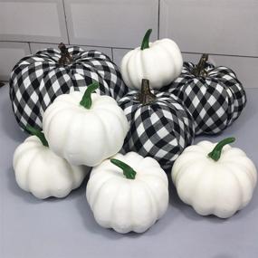 img 3 attached to 🎃 Set of 8 Artificial White and Black Buffalo Check Crochet Foam Pumpkins for Fall Wedding, Thanksgiving, and Halloween Tabletop Decor