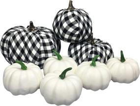 img 4 attached to 🎃 Set of 8 Artificial White and Black Buffalo Check Crochet Foam Pumpkins for Fall Wedding, Thanksgiving, and Halloween Tabletop Decor