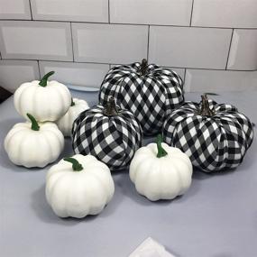 img 1 attached to 🎃 Set of 8 Artificial White and Black Buffalo Check Crochet Foam Pumpkins for Fall Wedding, Thanksgiving, and Halloween Tabletop Decor