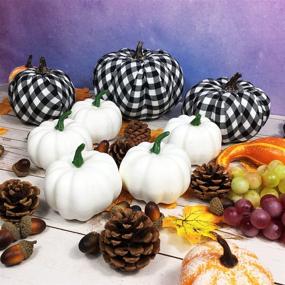 img 2 attached to 🎃 Set of 8 Artificial White and Black Buffalo Check Crochet Foam Pumpkins for Fall Wedding, Thanksgiving, and Halloween Tabletop Decor