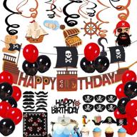 🏴 complete pirate birthday party decorations set - 80pcs pirate happy birthday banner, hanging swirls, balloons, eye mask, mustaches, cupcake toppers, bandana - perfect pirate theme party supplies for kids boys girls logo