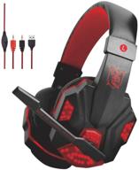 🎧 gaming headset with noise cancelling mic, surround sound stereo and led light for laptop, cellphone, ps4, xbox one, and more - wired 3.5mm volume control gaming headphones (black/red) logo